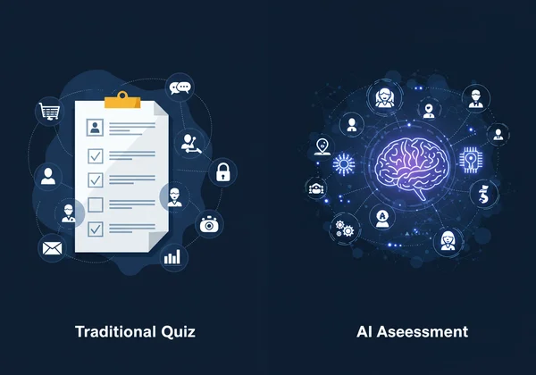 AI analyzing career data, contrasting with traditional quiz.