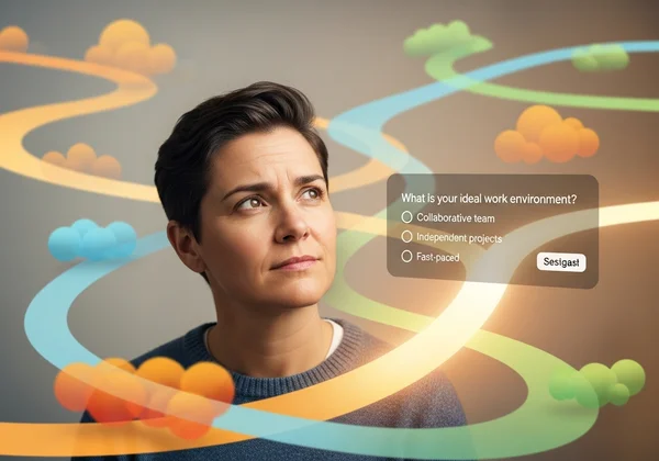 Pessoa a refletir sobre escolhas de carreira, com interface de teste sobreposta.