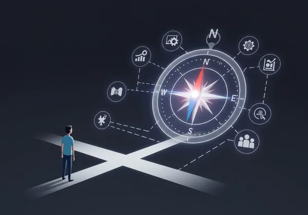 Pessoa a navegar pelas escolhas de carreira com a bússola do Código de Holland