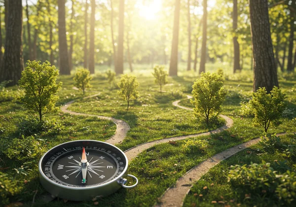 Bússola guiando diversas carreiras em uma floresta.