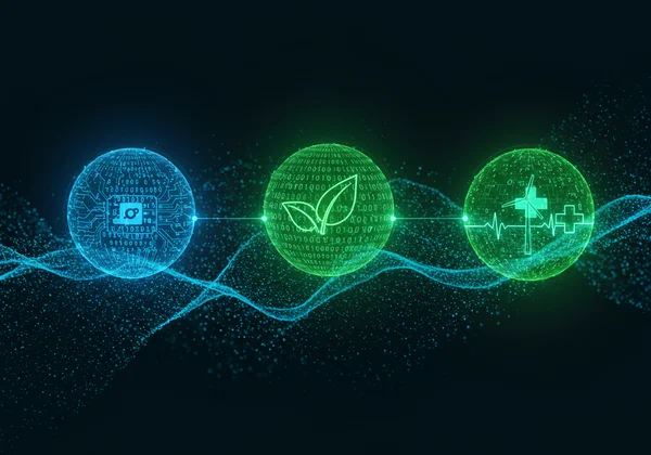 Interconnected symbols of technology, green energy, and healthcare.
