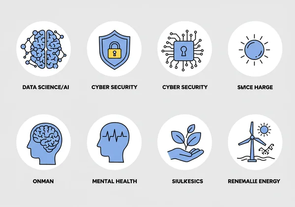 Icons for data science, cybersecurity, mental health, and renewable energy.