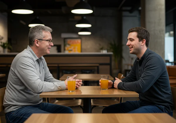 Two professionals discussing career during an interview.