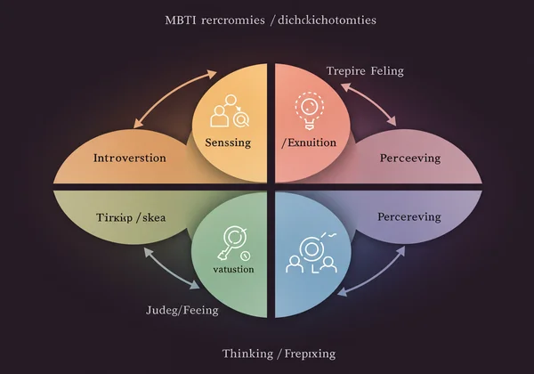 Diagram showing MBTI dichotomies with thought bubbles