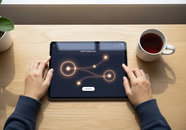 A person thoughtfully filling out a career self-assessment form online